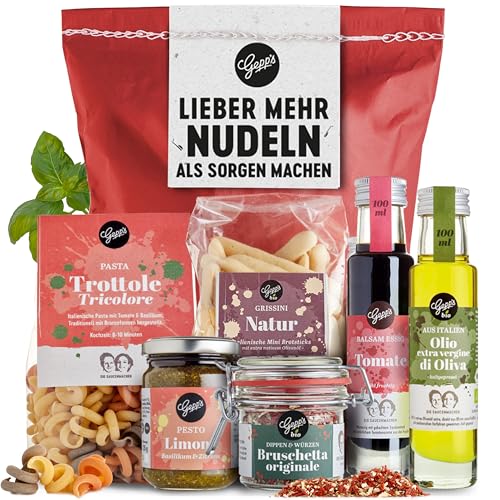Gepp's Feinkost Wundertüte - Lieber mehr Nudeln als Sorgen machen I Witzige Geschenkidee mit Delikatessen wie in Italien hergestellte Pasta, Pesto Limone, Bio...