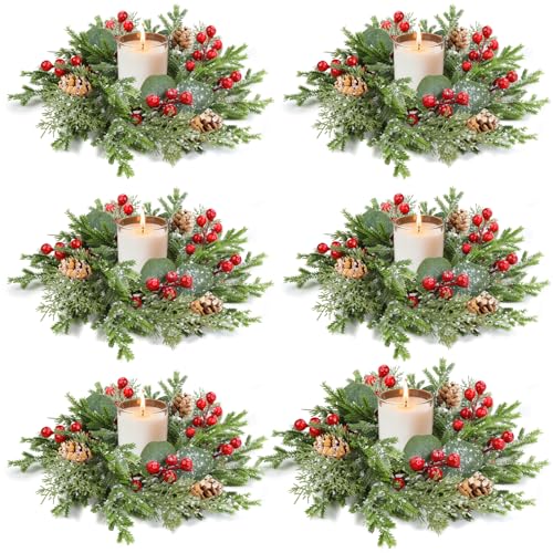 6Pcs Flocked Christmas Candle Rings Wreaths 10x3.5 Perfect PE Small Mini Christmas Wreath with Snowy Pinecones&Red Berries Cedar Eucalyptus Cypress Wreath Candle Holders for Table Centerpiece Decor