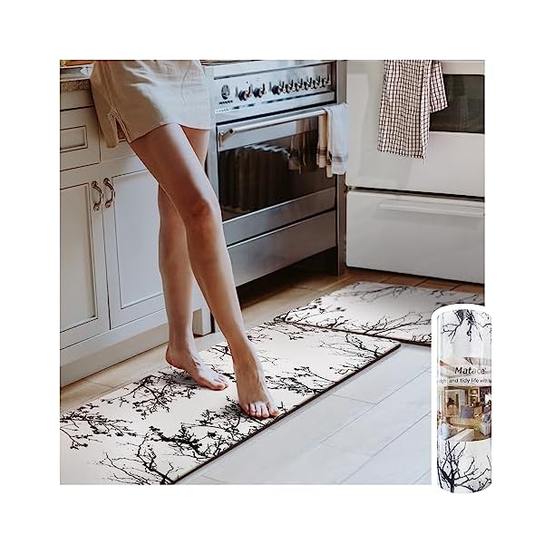 Matace Anti-Fatigue Comfort Kitchen Mat Set 60x17.3+30x17.3 [2 Piece] Waterproof, Non-Slip, Memory Foam, Cushioned Rug for Kitchen Floor, Home Office, Sink, Laundry, Black and White Tree