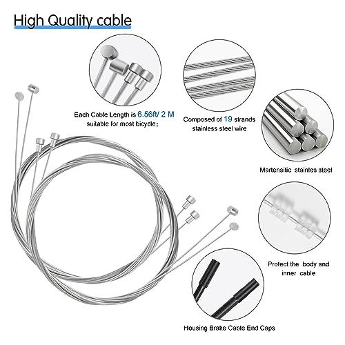 4PCS Universal Bike Brake Cable,Replaceable Brake Inner Wire Cable, Include Free Cable Cap End Crimps O-Rings Accessories, Professional Bicycle Brake Line For Mountain Bikes MTB or Road Bikes, 2M Long - Thumbnail 2