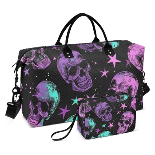 Skull Travel Duffle Bag Gym Bag, Neon Purple Gothic Skull Weekender Bags for Women with Toiletry Bag Travel Tote Bag Swim Bag