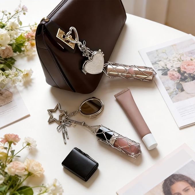 Image of Lipstick Holder Keychain Lipgloss Holder Keychain Lip Gloss Holder Keycharms for Girls Cute Bag Charms Portable Lipstick Charm Keycharms with Heart Mirror Travel Makeup Pouch (Lipstick not Included)