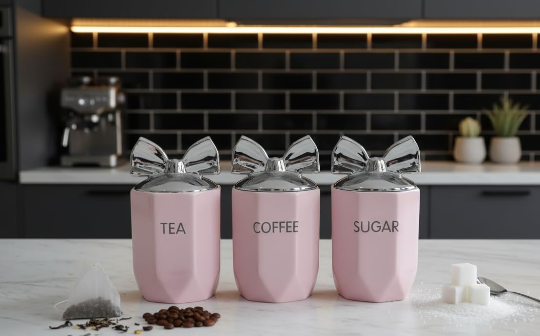 DEENZ Set Of 3 Jars Silver Bow Lid Kitchen Canister Jar For Tea Coffee Sugar Storage Pots Marble Effect Home Decor Dining Table Eye-Catching Glamorous Design (Blush)