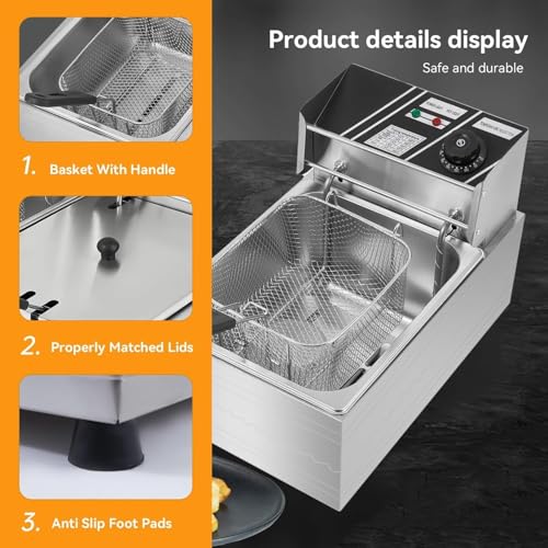 Friggitrice Professionale in Acciaio Inox con Controllo della Temperatura, cestello e Coperchio, Facile da Pulire per cucine Professionali e ristoranti, 5,5 l e 5,5.5L
