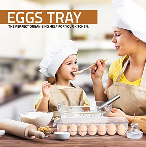 Image of Snazzy Egg Container For Refrigerator - 14 Egg Container With Lid & Handle, Egg Holder For Refrigerator, Egg Storage & PET Plastic Egg Tray (Clear, Pack of 2)