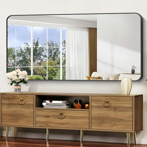 Image of Bathroom Mirror, 60 x 30 inch Black Rectangle Wall Mirror, Metal Frame Rounded Corner Vanity Mirror, Large Wall Mounted Mirrors for Over Sink Bedroom Living Room Horizontal Or Vertical Mounting