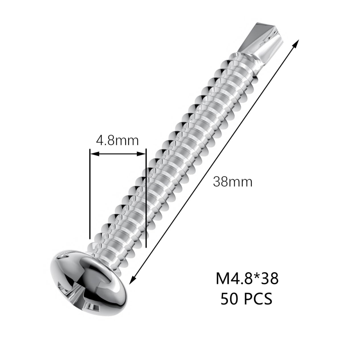 50 PCS Stainless Steel Round Head Drilling Self Tapping Screws for Metal (M4.8 * 38mm), Silver - Image 2
