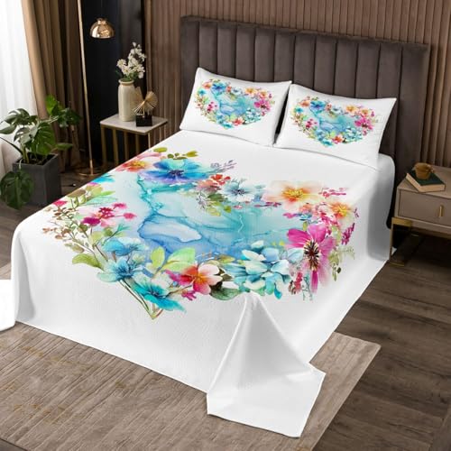 Colcha floral en forma de corazón para niños, tamaño individual, juego de colcha de mármol con flores botánicas en acuarela, decoración de habitación de niñas y niños, colcha acolchada vintage de