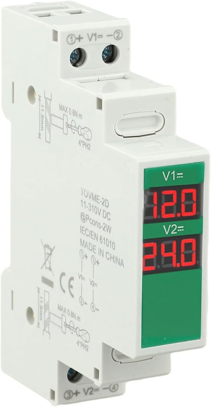 1-Way DIN Rail Mount Voltage Meter DC 11V-310V Digital LED Display for Real- Voltage, Industrial Detector with Plastic Enclosure
