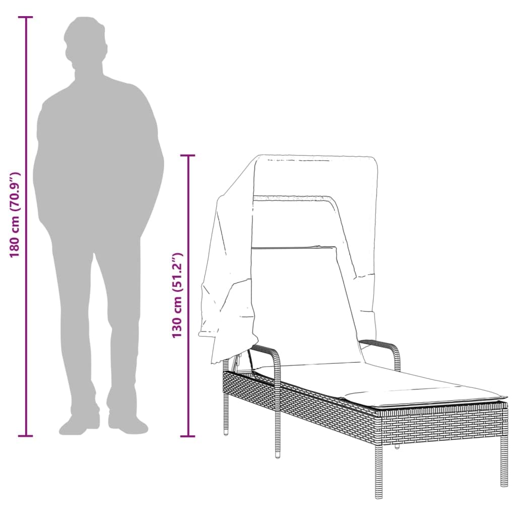 Sonnenliege mit Dach beige Poly Rattan, Gartenliege verstellbar mit Kissen, wetterfest UV-beständig, 200 cm Liegefläche für Garten, Balkon, Terrasse, Pool und Camping