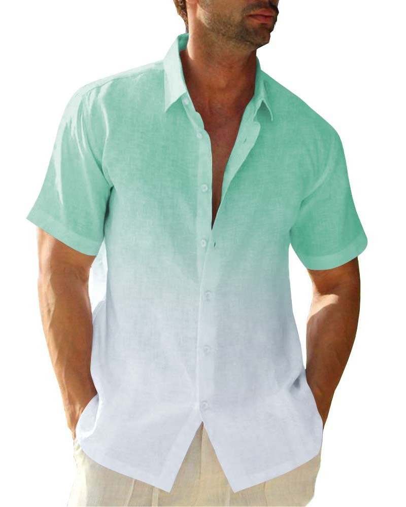 Beotyshow Hemd Herren Gradient Kurzarmhemd Männer Leinenhemden Baumwolle Hawaii Hemden Button Down T-Shirts Freizeithemd Sommer Strand Tops
