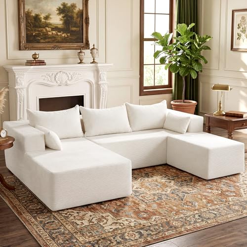 Image of 106 inch Cloud Sectional Boneless Couches for Living Room, Modular U Shaped Couch with Deep Seat, Removable Ottoman, Memory Foam Compressed Spineless 4 Seater Sofa for Bedroom Apartment, Beige
