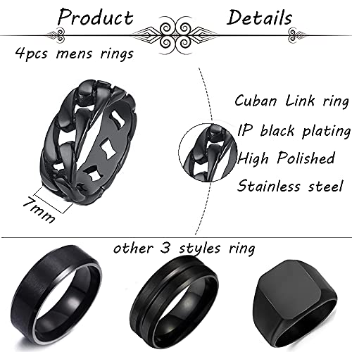 MOZAKA 4Pcs Stainless Steel Black Signet Solid Biker Ring For Men Polished Matte Grooved Edges Cuban Link Band Rings Set Size 7-122