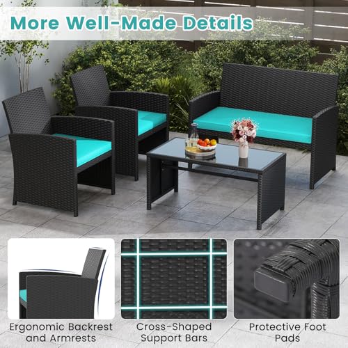 Image of Tangkula 4 Pieces Patio Wicker Furniture Set, Outdoor Heavy Duty Rattan Cushioned Chairs, Loveseat and Tempered Glass Coffee Table, for Backyard, Balcony, Poolside (Turquoised,1)