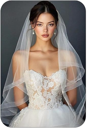 Fingertip Bride Wedding Veils 2 Tier Bridal Veil Ribbon Edge Veils with Comb for Brides and Women