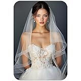 Latious Fingertip Bride Wedding Veils 2 Tier Bridal Veil Ribbon Edge Veils with Comb for Brides and Women (Ivory)