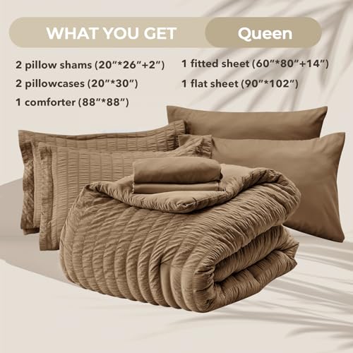 Image of HYMOKEGE Brown Queen Comforter Set Seersucker 7 Pieces, All Season Luxury Bed in a Bag Queen for Bedroom, Bedding Set with Comforter, Sheets, Pillowcases & Shams