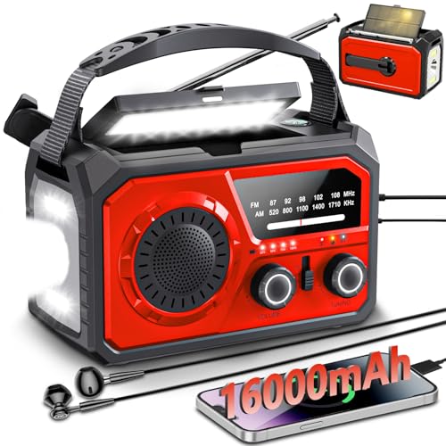 Rádio de manivela portátil de 16000 mAh/59200 mWh, rádio de emergência portátil com manivela, rádio solar AM/FM com função de carregamento de telemóvel, alarme SOS, conector para auriculares, luz de