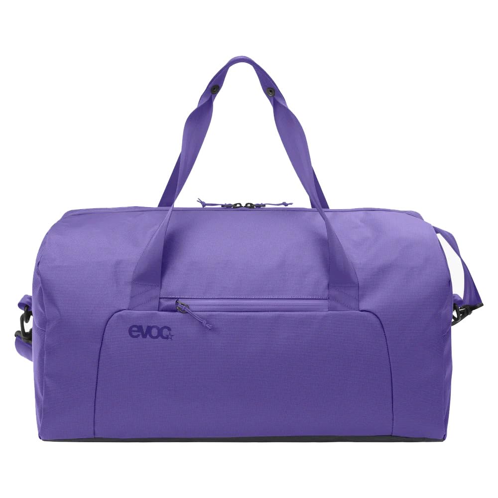 Torba podróżna EVOC WEEKENDER 40 (wodoodporna i odporna na zabrudzenia tkanina Tarpualin, z kieszeniami zewnętrznymi i wewnętrznymi, 40 l, waga: 720 g, wymiary: 55 x 26 x 28 cm), fioletowo-czarna