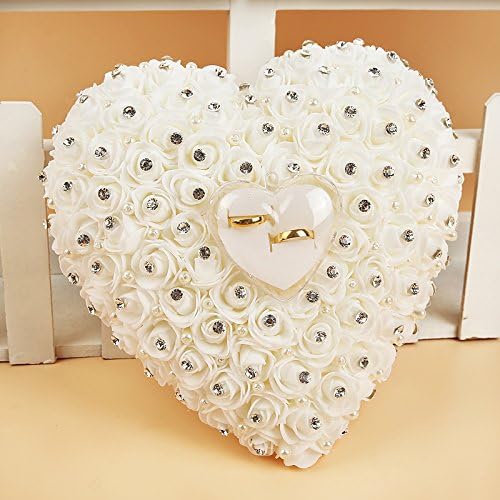 PrincessDiary Wedding Favors Hang Ring Pillow with Transprent Box Heart Design with Rhinestone and Pearl Decor Wedding Ring Cushion Decoration (White)