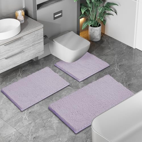 Image of RUN HELIX Chenille Bathroom Rugs - 3 Piece Bath Mats, Non-Slip Luxury Bathroom Runner Rugs, Extra Soft and Absorbent Shaggy Rugs, Washable Dry Plush