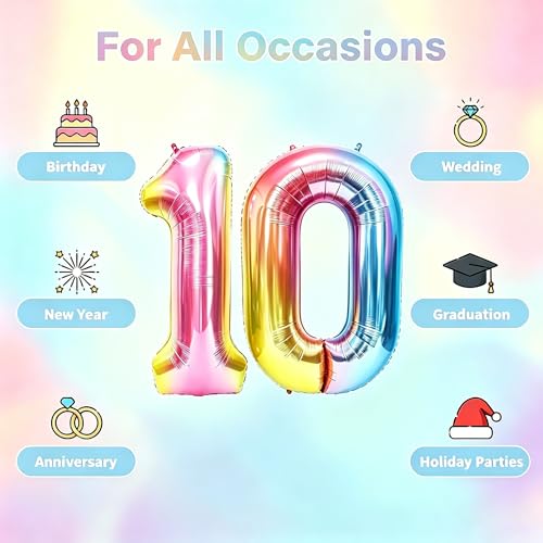 Image of Rainbow Number Balloons Birthday Balloons - Giant Number 10 Balloon 40 inch, Numbers Balloon Birthday Decorations, Rainbow Party Supplies for Baby Shower