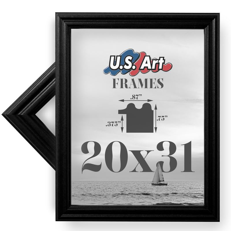 US Art 20x31 Black .75 Inch Wood Picture Frame, Solid Wood Wall Decor for Wall Art, Featuring Preinstalled Hangers, UV Filtering Shatterproof Plexiglass, 100% American Made Solid Wood Poster Frame