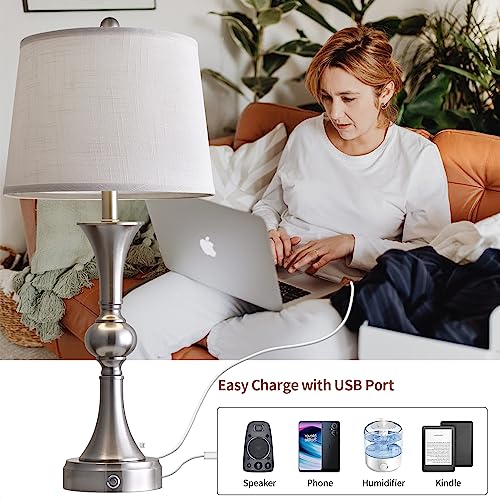 Oneach 3 Way Dimmable Touch Control Table Lamps For Living Room With Usb Charging Port 28” Modern Industrial Nightstand Lamp For Bedroom Bedside Table Lamp Set 2 With Linen Shade Sliver(Bulb Included) #TOP2
