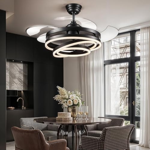 Image of blissbells Modern LED Chandelier Fan, (Blk Ring fanlight)