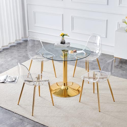Mesa de comedor redonda de cristal templado resistente y 4 sillas transparentes 2