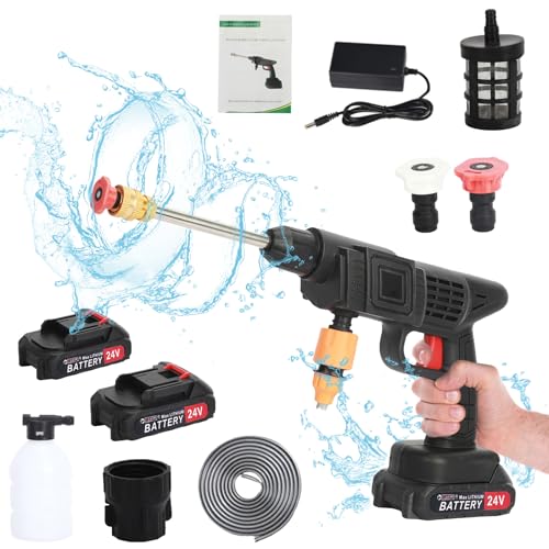 Nettoyeur Haute Pression Sans Fil 24V avec 2 Batteries 1500 mAh et Chargeur | Pistolet Haute Pression Portable avec Pulvérisateur Mousse et Tuyau 5 m | Nettoyeur Haute-Pression Sur Batterie pour Voitu