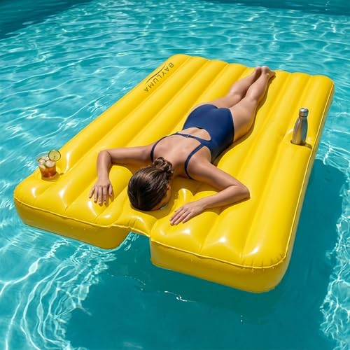 BAYLUMA Face Down Pool Float for Adults Pool Float for Laying on Stomach with Face Hole Integrated Headrest & 2 Cup Holders Inflatable Tanning Pool Lounger Oversized 79x47 Inch Sunbathing Lounger