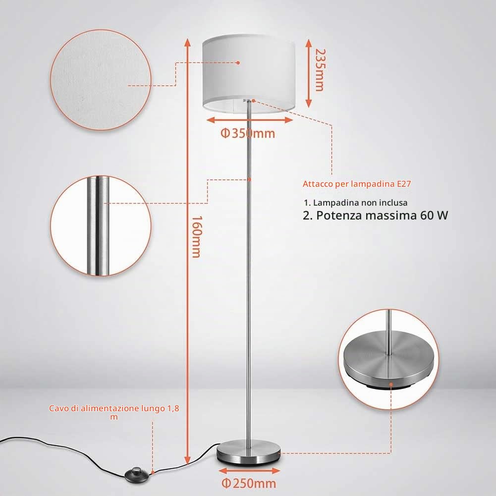 BAKAJI Lampada Piantana da Terra Luce Lampadina E27 Max 60W Base Rotonda in Metallo Cromato Paralume in Tessuto Design Moderno Accensione a Pedale Altezza 160cm (Bianco)