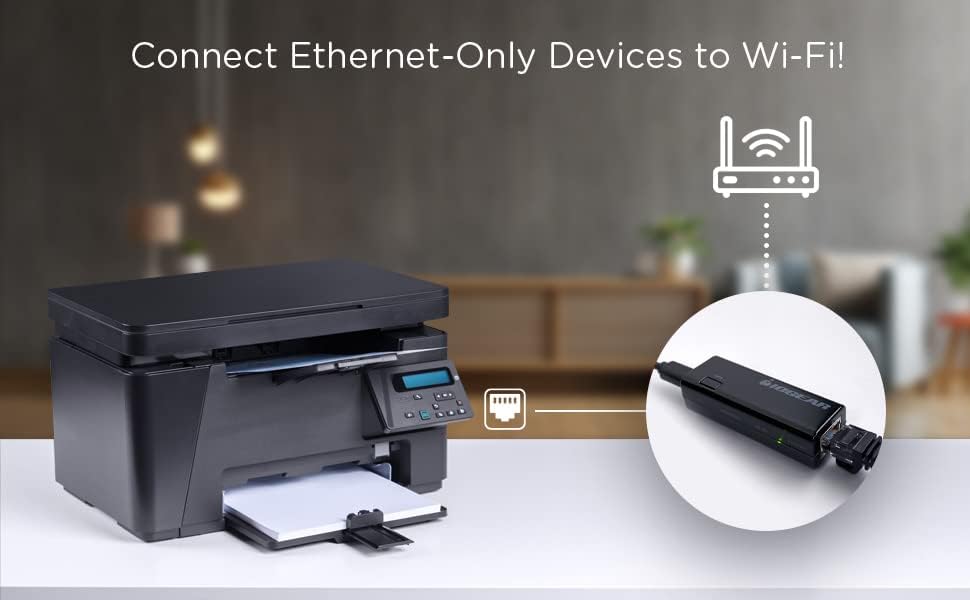 IOGEAR GWU637 adapter connected to a printer, enabling wireless printing.