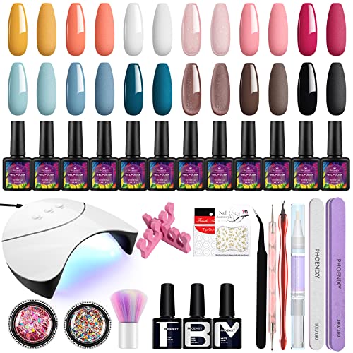 Gel Nail Polish Set, Phoenixy 12 Colours Gel Nail Polish Kit with UV/LED Nail Lamp, Soak Off Gel Nail Polish Glossy Matte Top Coat Gel Nail Starter Kit Gift for Woman Design Nail at Home