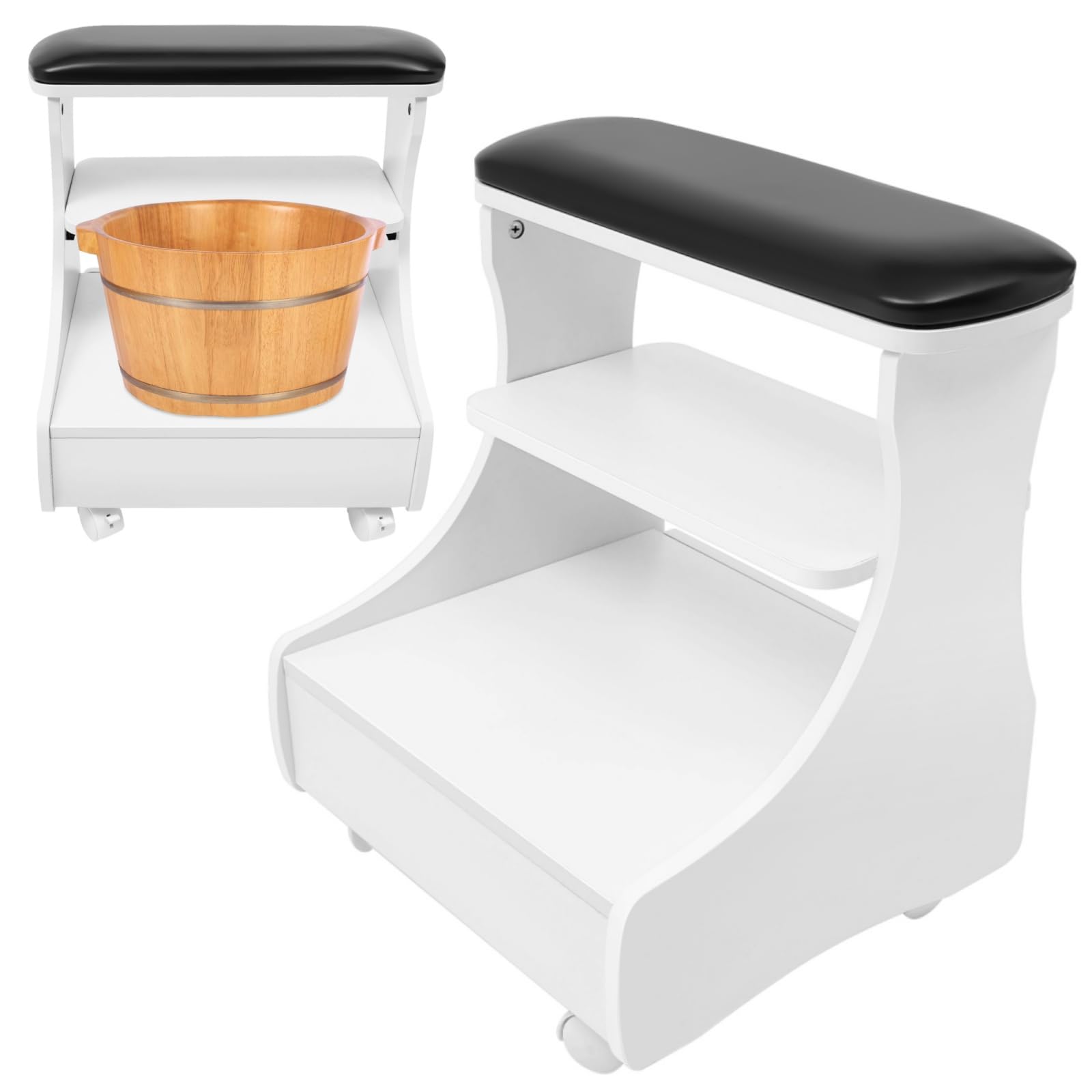 Poggiapiedi pedicure manicure trolley con ruote, poggiapiedi con cassetto e ripiano, regolabile in altezza, per la cura delle unghie, salone di bellezza e casa (bianco e nero)