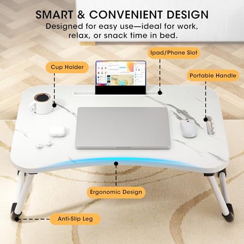 Image of Folding Lap Desk, 23.6 Inch Wood Laptop Bed Desk with Cup Holder, Portable Bed Table for Working Writing Reading & Eating for Bed, Sofa, Couch, Floor - White&Black