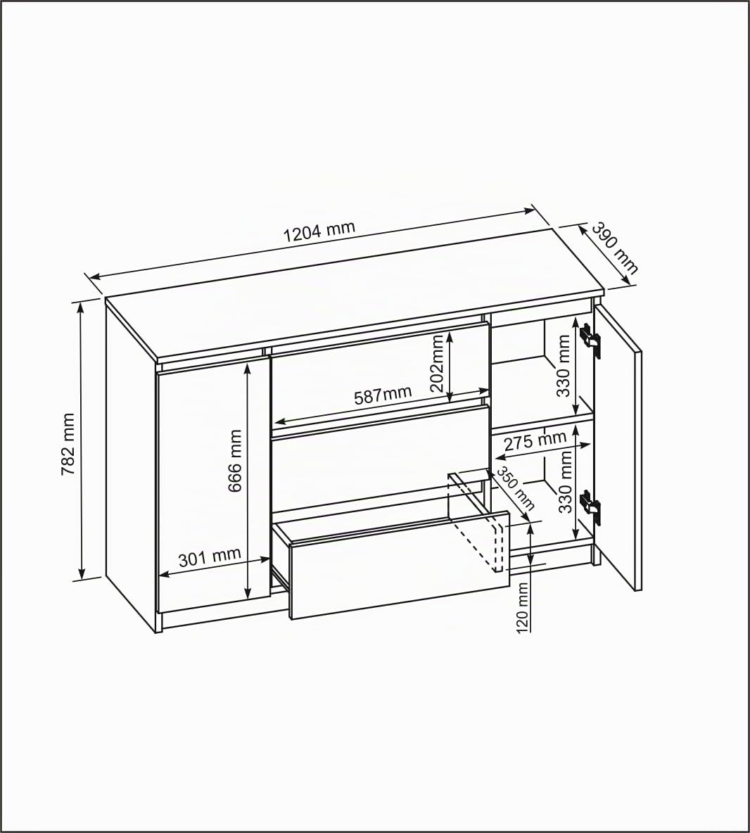 meble masztalerz Cassettiera Camera da Letto con 2 Ante e 3 Cassetti - Credenza Soggiorno - Moderna Comò - Cassettiera Alta - Mobiletto con Cassetti - Bianca Lucida 120 x 39 x 78,5 cm