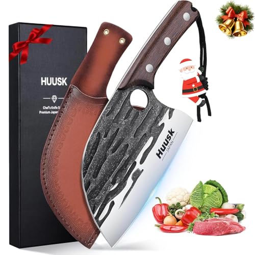 Huusk Upgraded Serbian Chef Knife-Japanese Meat Cleaver Knife for Meat Cutting Forged Butcher Knives with Sheath Full Tang Kitchen Chopping Knives for Home, Outdoor Camping, Christmas Gifts for Men