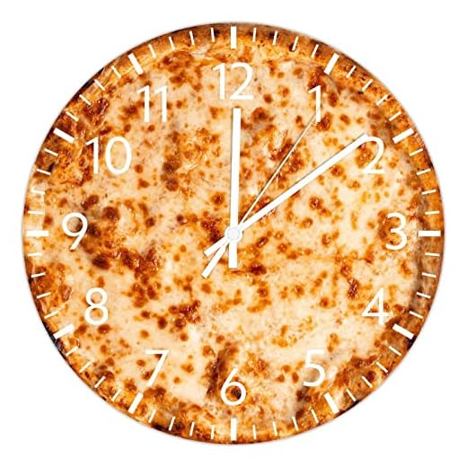 ArogGeld PVC Wall Clock, 12in, Cheese Pizza, Silent Sweep Movement, Non-Ticking Novelty, Hanging Hole on Back, Made in USA