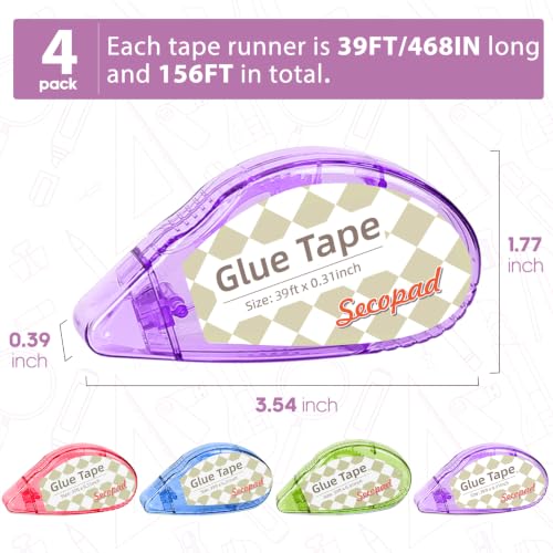 Image of Secopad Scrapbook Tape, 0.3IN x 39FT Double Sided Tape Roller for Crafts, Adhesive Glue Runner Scrapbooking Supplies Journaling School Office Supplies for Kids and Adults, 4 Pack, Bright-Color Shell