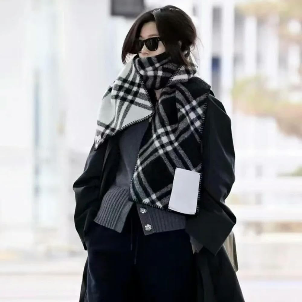 Bufanda Tipo Chal de Lana de Doble Cara con Rejilla de Diamantes Mujer, otoño e Invierno, sensación de Alta Gama, Famosa en Internet