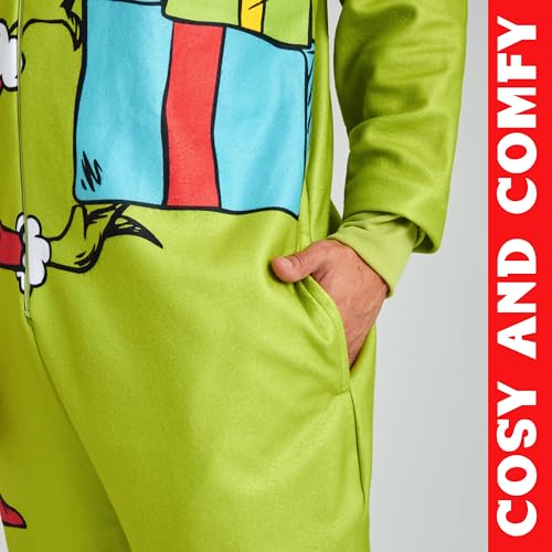 The Grinch Mens One-Piece Pajamas with Hood, Fleece Loungewear - Gifts for Him (Green, L)2
