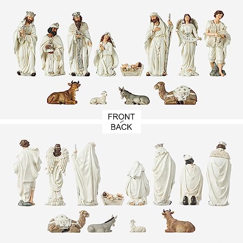 Image of Glitzhome 15.5 Inch Oversized Nativity Sets for Christmas Decor Set of 12 Nativity Scene Collectible Figurine Sets for Tabletop Decor Xmas Resin Ivory Nativity Figurines Set Animals Figurines