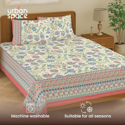 Image of Urban Space 100% Cotton Handcrafted Premium Printed Double Size Bedsheet with 2 Pillow Covers, 240 TC Cotton Double Bedsheet (90 x 100 Inches, Noorjaal)