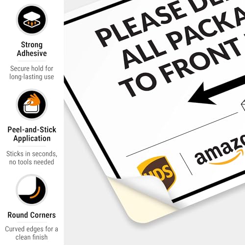 Image of Package Delivery Sign & Instructions Deliver All Package to Front Door Left Arrow, 10x7 Inches, 4 Mil Vinyl Decal Stickers Weather Resistant, Made in USA