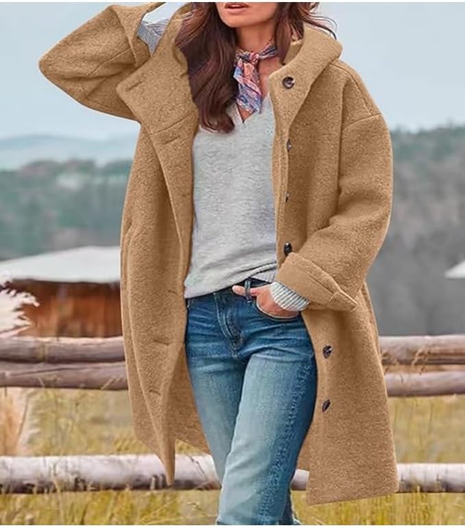 Ru Sweet Women's Winter Wool Single Breasted Pea Coat Long Trench Coat with Hooded Jacket Outerwear - Image 2