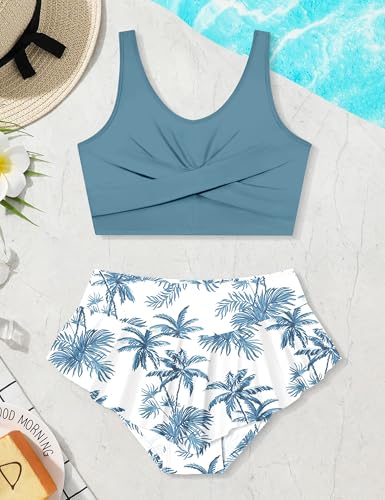 Image of Qaoerde Girls Swimsuit Tropical Print Bikini Set with Ruffle Hem Two Piece Criss Cross Bathing Suits for Girls 7-16 Years