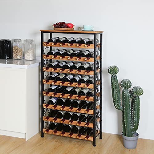 48 Bottles Floor Wine Rack With Wood Top, Freestanding Wine Bottle Organizer Shelf, Wobble-Free 8 Tier Wine Display Storage Stand For Kitchen Pantry, 25.2''L X 10.7''W X 47.2''H #TOP1