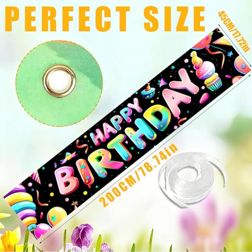 Image of Colorful Happy Birthday Banner 78.7 x 17.7 Inch Rainbow Letters with Party Balloons and Confetti Design Celebration Decoration for Kids Adults Home Yard Garden or Indoor Wall Display